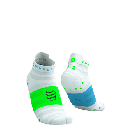 COMPRESSPORT Skarpetki do biegania PRORACING SOCKS V4 ULTRALIGHT RUN LOW white/norse blue/neon green