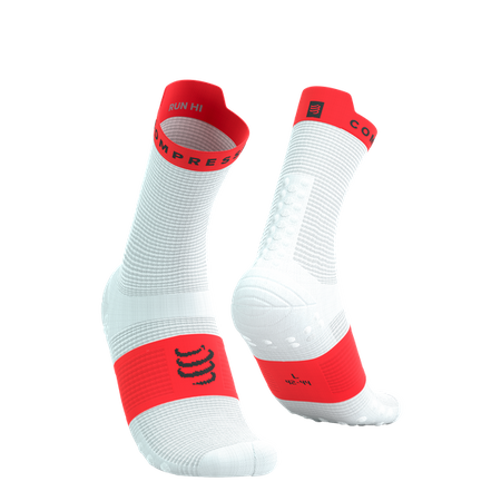 COMPRESSPORT Skarpetki do biegania wysokie PRORACING SOCKS V4 RUN HIGH white/fluo red