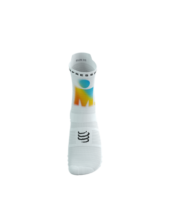 COMPRESSPORT Skarpetki do biegania wysokie PRORACING SOCKS V4 RUN HIGH IRONMAN 2025 white/sunrise