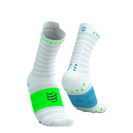 COMPRESSPORT Skarpetki do biegania PRORACING SOCKS V4 ULTRALIGHT RUN HIGH white/norse blue/neon green