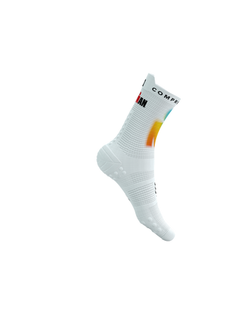 COMPRESSPORT Skarpetki do biegania wysokie PRORACING SOCKS V4 RUN HIGH IRONMAN 2025 white/sunrise