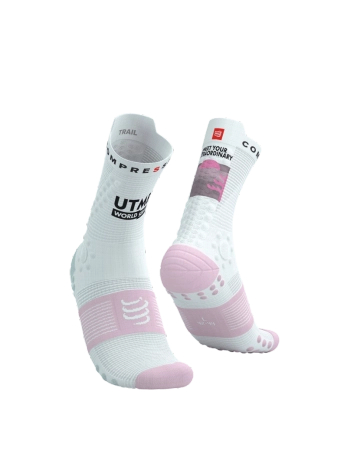 COMPRESSPORT Skarpetki do biegania trailowe PRORACING SOCKS V4 TRAIL UTMB 2025 white roseate