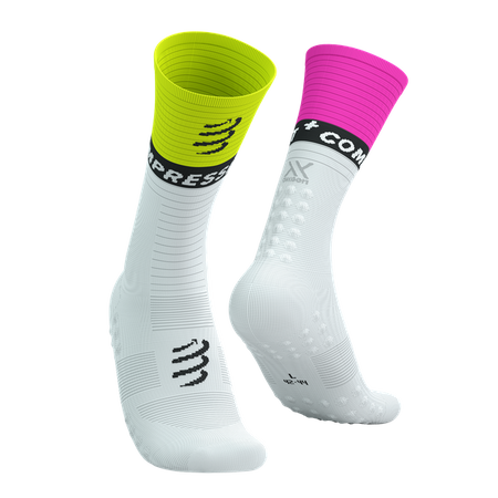 COMPRESSPORT Skarpetki kompresyjne do biegania MID COMPRESSION SOCKS V2.0 white/safe yellow/neo pink